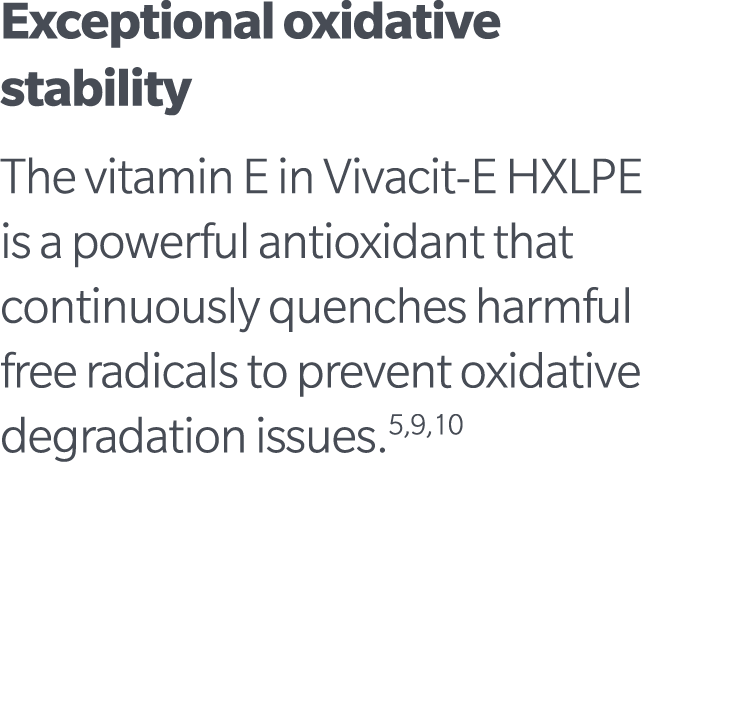 Exceptional oxidative stability The vitamin E in Vivacit E HXLPE is a powerful antioxidant that continuously quenches...