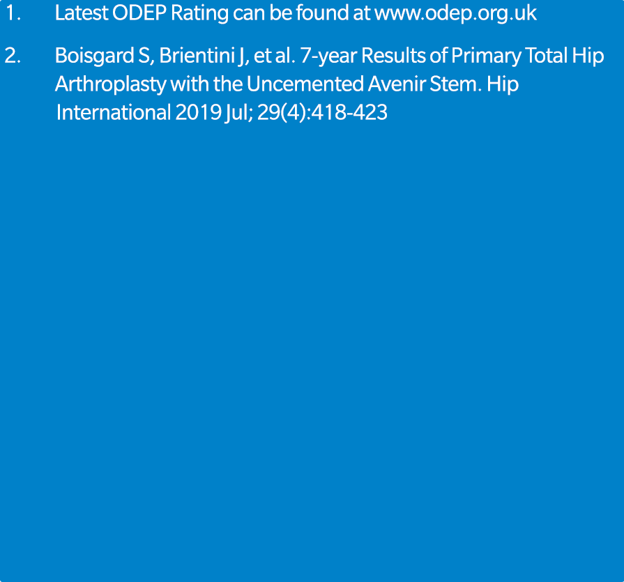 1. Latest ODEP Rating can be found at www.odep.org.uk 2. Boisgard S, Brientini J, et al. 7 year Results of Primary To...