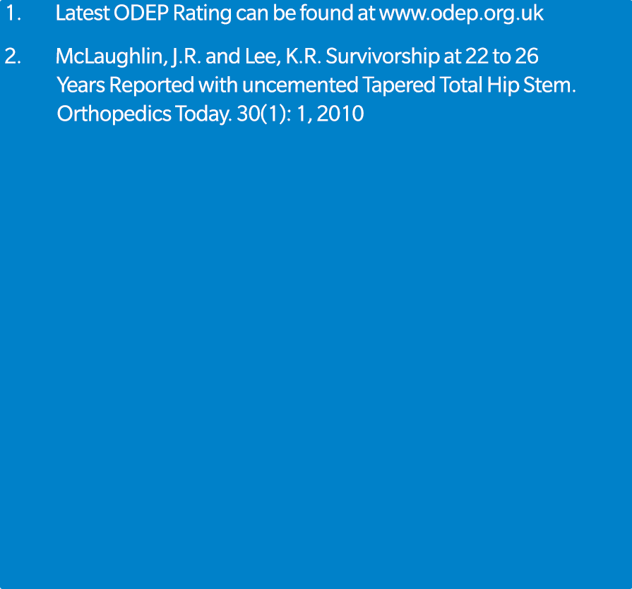 1. Latest ODEP Rating can be found at www.odep.org.uk 2. McLaughlin, J.R. and Lee, K.R. Survivorship at 22 to 26 Year...
