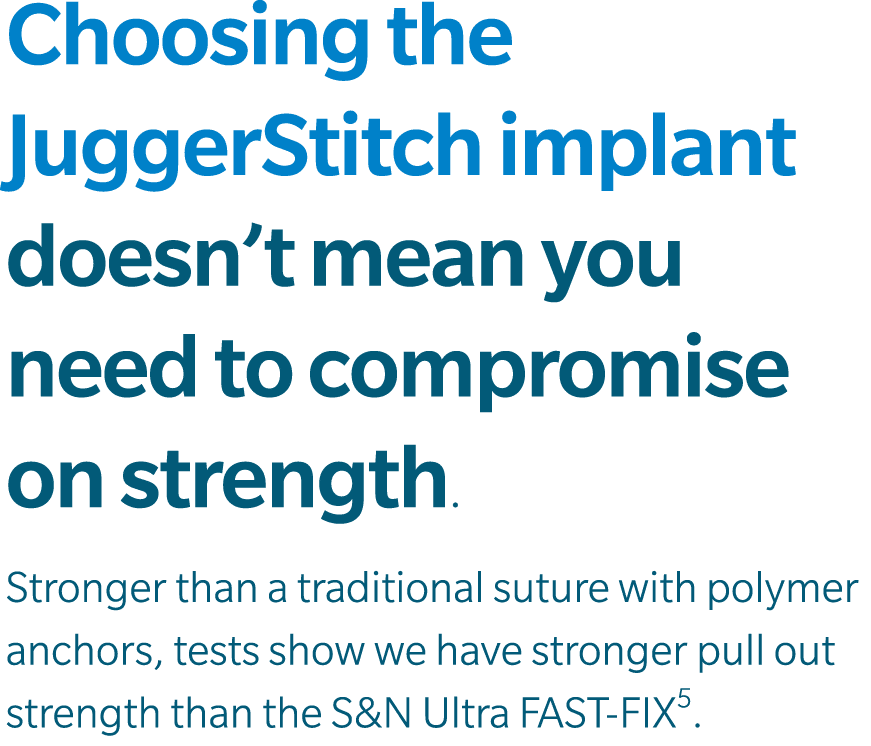 Choosing the JuggerStitch implant doesn’t mean you need to compromise on strength. Stronger than a traditional suture...