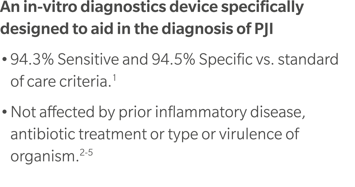 An in vitro diagnostics device specifically designed to aid in the diagnosis of PJI • 94.3% Sensitive and 94.5% Speci...