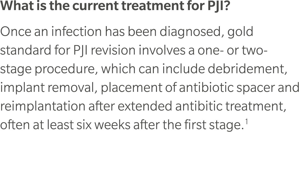 What is the current treatment for PJI? Once an infection has been diagnosed, gold standard for PJI revision involves ...