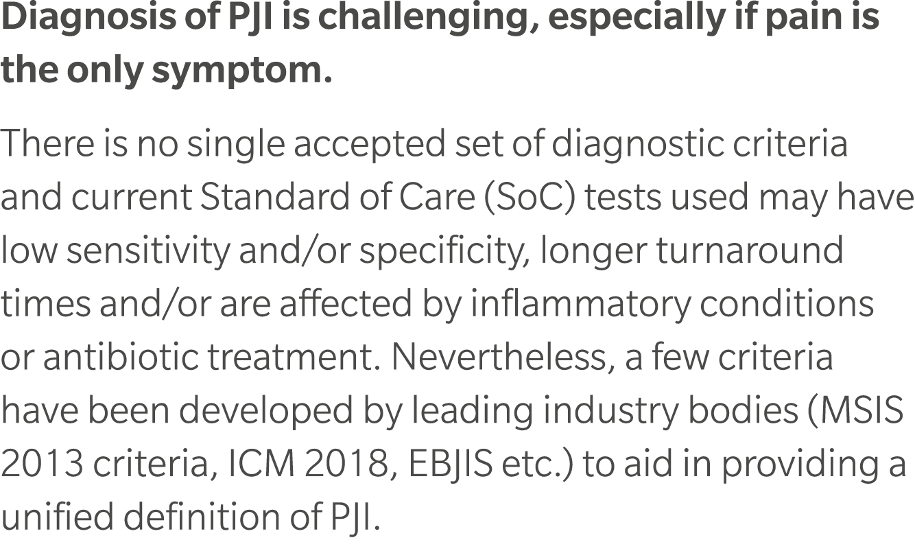 Diagnosis of PJI is challenging, especially if pain is the only symptom. There is no single accepted set of diagnosti...