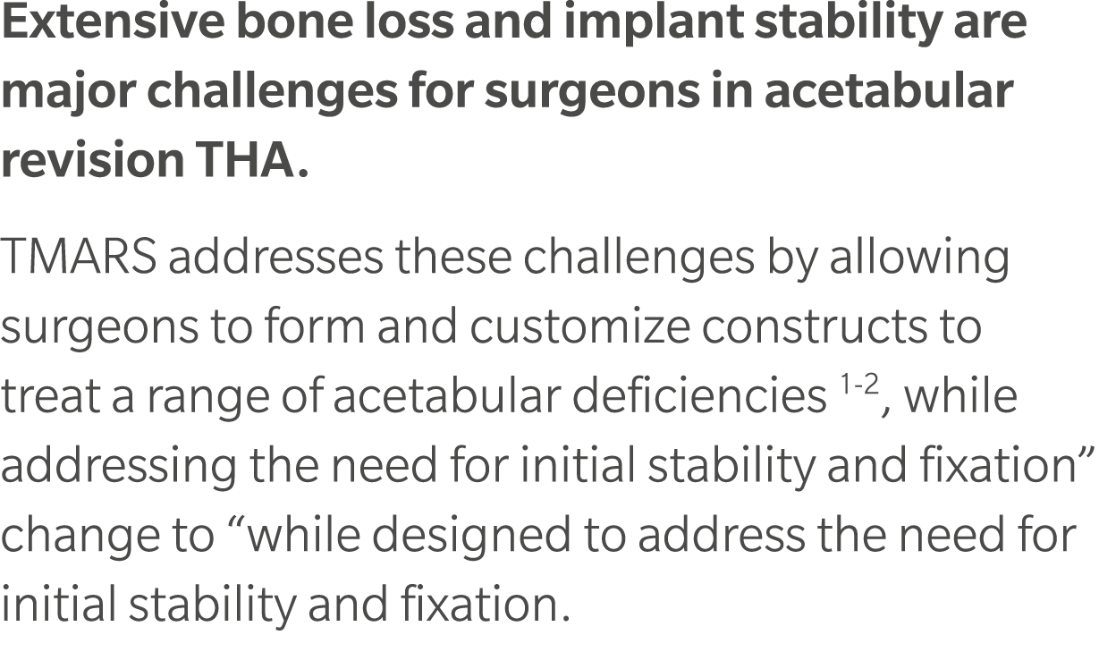 Extensive bone loss and implant stability are major challenges for surgeons in acetabular revision THA. TMARS address...