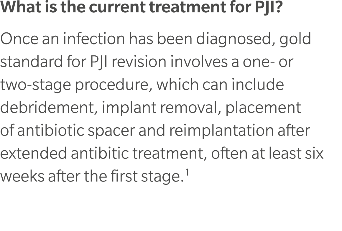 What is the current treatment for PJI? Once an infection has been diagnosed, gold standard for PJI revision involves ...
