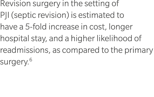 Revision surgery in the setting of PJI (septic revision) is estimated to have a 5 fold increase in cost, longer hospi...