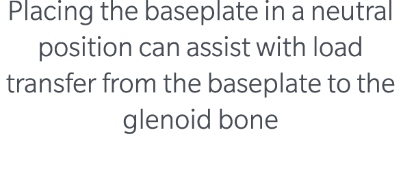 Placing the baseplate in a neutral position can assist with load transfer from the baseplate to the glenoid bone 